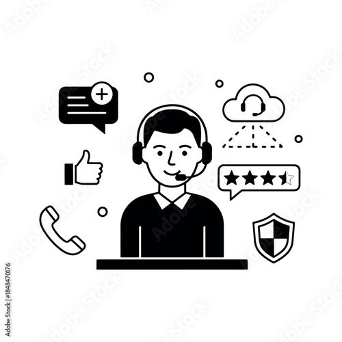 Businessman with speech bubbles using technology and communication devices