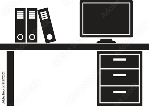 Black and white of a desk with computer and binders office monitor