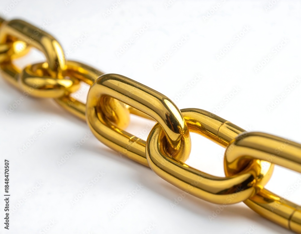 Fototapeta premium Macro shot capturing an elegant golden chain on a white backdrop, demonstrating its shiny and connected structure. Focus is sharp