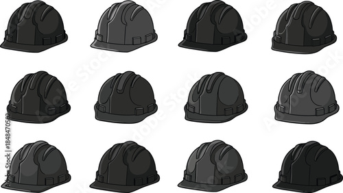 Construction helmet icon set, black vector, safety gear, hard hat, protective equipment, industrial, worker, head protection, silhouette, engineering, design