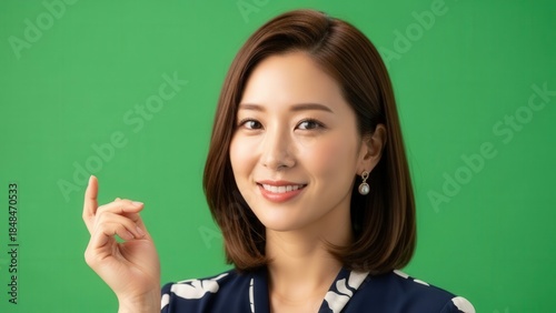 portrait of a smiling young woman with shoulder-length hair wearing earrings against a green