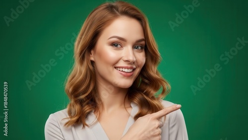 Portrait of a smiling young woman with wavy auburn hair pointing to her right on a vibrant green