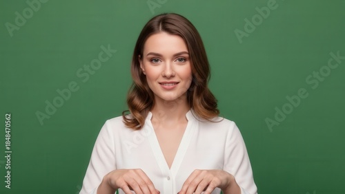portrait of a smiling young woman with wavy brown hair and casual white blouse standing against a