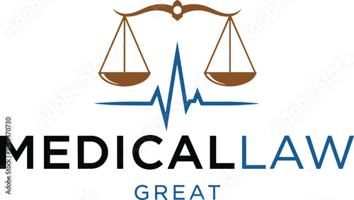 Medical law logo design, justice scale, heartbeat line, healthcare legal symbol, black blue vector, professional, firm, clinic, attorney, hospital, ethics