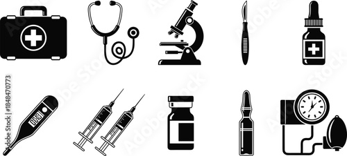 Medical equipment icon set, stethoscope, syringe, thermometer, scalpel, vial, dropper, healthcare silhouette, black vector, hospital, clinic, tool, device