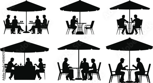 Outdoor café icon set, umbrella, table, people talking, dining silhouette, black vector, social interaction, restaurant, leisure, conversation, lifestyle, design