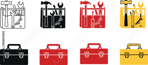 Toolbox vector icons set, open and closed toolboxes, hammer, wrench, screwdriver, pliers, colorful hardware kit, repair, construction, equipment