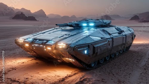 Futuristic armored vehicle on desert landscape