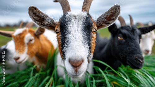 Close up of goats grazing on green grass in a field