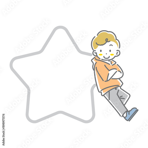 こどもと星形のフレーム　かわいくてお洒落な線画イラスト