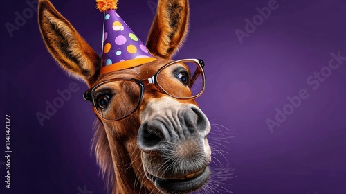 Donkey with party hat and glasses on purple background