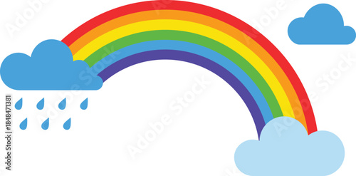 Bright rainbow arching over blue clouds with falling raindrops weather
