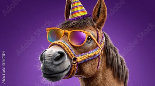 Festive horse portrait celebrating with party hat and sunglasses