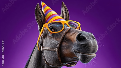 Festive horse portrait with party hat and glasses on purple backdrop