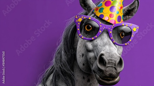 Festive horse portrait with party hat and glasses on purple backdrop