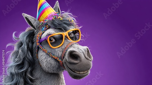 Festive horse portrait with party hat and glasses on purple background