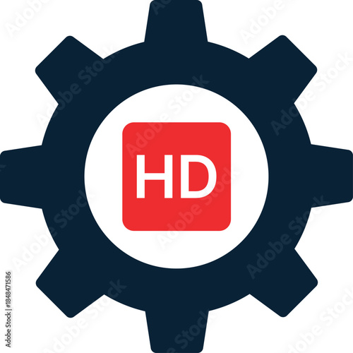 Dark blue gear with white circle and red HD inside cogwheel definition
