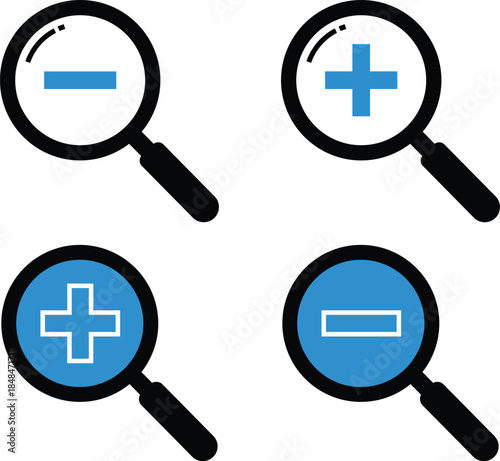 Four magnifying glass zoom in and zoom out symbols plus symbol minus symbol