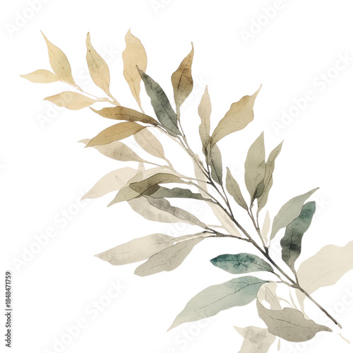A serene branch with delicate leaves in muted tones on a white background