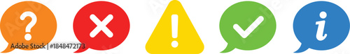 Orange question mark red cross yellow exclamation mark green checkmark blue information symbol