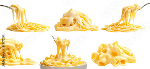 Set of creamy, cheesy spaghetti twirled on a fork isolated on white background. Concept of Italian food.