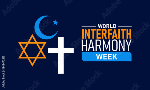 World Interfaith Harmony Week Poster Banner and Background Design Template Featuring Globe and Religious Symbols Illustration for Peace Unity Respect and Cultural Understanding Awareness Theme