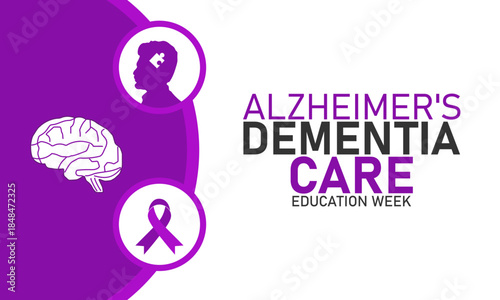 Alzheimers and Dementia Care Staff Education Week Poster Banner and Background Design Template Featuring Brain Icon Caregiver Illustration and Medical Symbols for Memory Care Training and February Hea