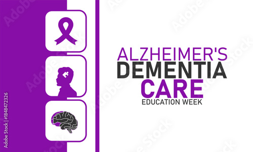 Alzheimers and Dementia Care Staff Education Week Poster Banner and Background Design Template Featuring Brain Icon Caregiver Illustration and Medical Symbols for Memory Care Training and February Hea