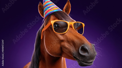 Festive horse portrait with party hat and sunglasses