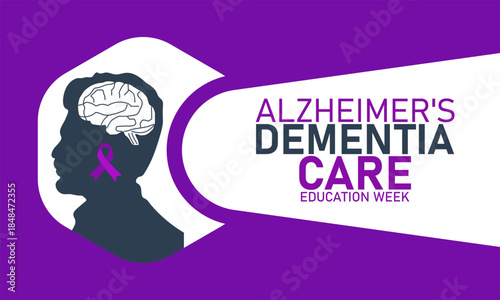 Alzheimers and Dementia Care Staff Education Week Poster Banner and Background Design Template Featuring Brain Icon Caregiver Illustration and Medical Symbols for Memory Care Training and February Hea