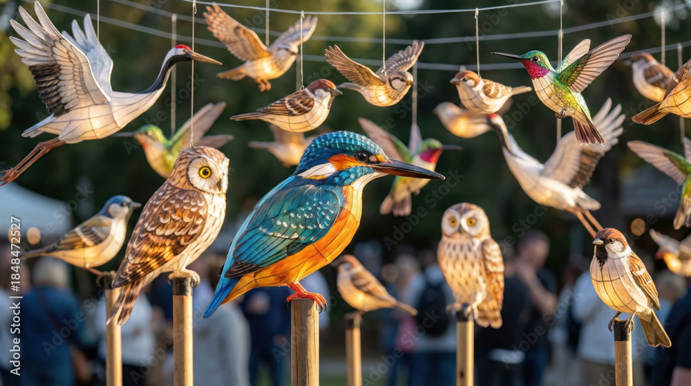 Naklejka premium Lantern Festival with illuminated bird lanterns, featuring diverse species like kingfishers, owls, sparrows, hummingbirds, and cranes, creating a vibrant cultural display at an outdoor event.