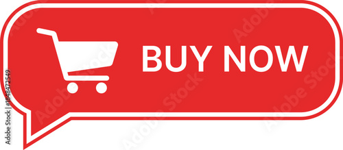 Red speech bubble with white shopping cart and buy now text button