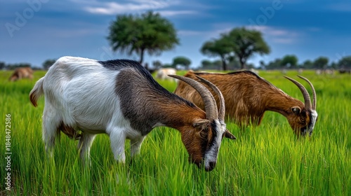 Goats grazing in green field with sunlight animals in nature scene