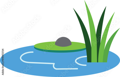 Stylized pond with green lily pad and tall grass water rock