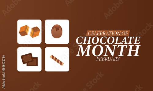 Celebration of Chocolate Month Poster Banner and Background Design Template Featuring Chocolate Bars, Cocoa Beans, and Sweet Treat Illustration for Dessert Celebration, Confectionery, and February Cul