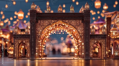 Lantern Festival Archway with Ornate Details and Glowing Bokeh Lights at Night, Celebrating Asian Culture and Traditions