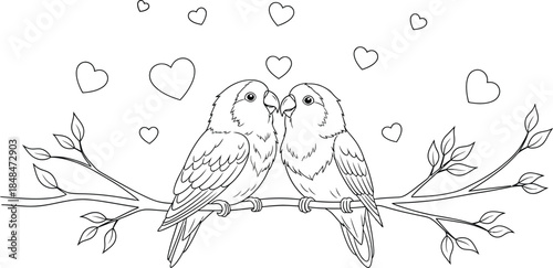 Romantic line art illustration of two parakeets in love