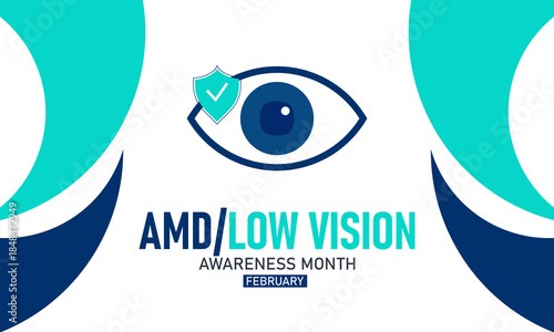 AMD Low Vision Awareness Month Poster Banner and Background Design Template Featuring Eye Icon, Medical Symbols, and Vision Aid Illustration for Eye Health Education, Prevention, and February Awarenes