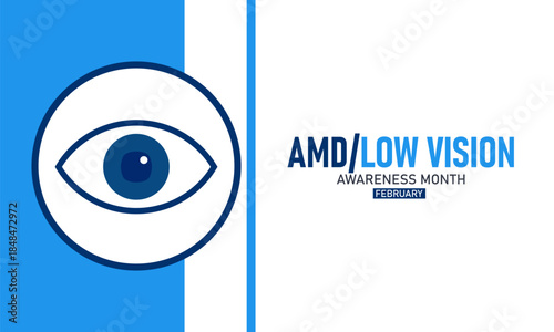 AMD Low Vision Awareness Month Poster Banner and Background Design Template Featuring Eye Icon, Medical Symbols, and Vision Aid Illustration for Eye Health Education, Prevention, and February Awarenes
