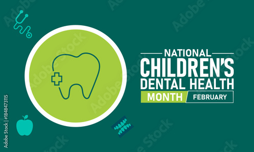National Childrens Dental Health Month Poster Banner and Background Design Template Featuring Tooth Icon, Dental Tools, and Smiling Child Illustration for Oral Hygiene Education, Prevention, and Febru