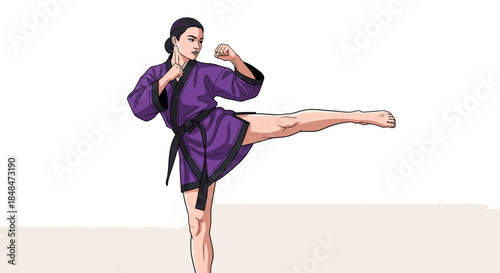Woman practicing martial arts in purple gi and black belt performing side kick exercise training at home