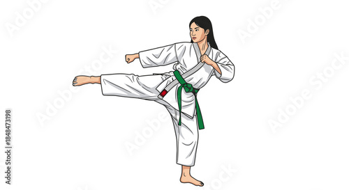 Woman practicing karate martial arts with green belt in white gi uniform side kick technique training