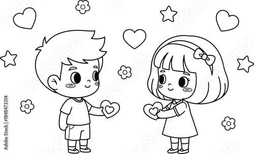 Cute boy and girl sharing hearts coloring page