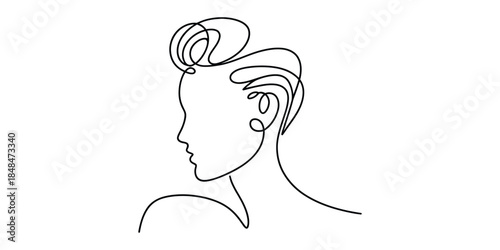 Minimalist one line drawing of woman profile with updo hairstyle