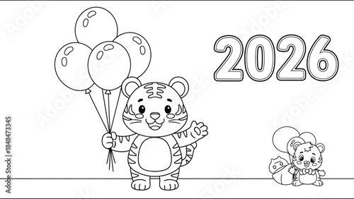 Cute cartoon tiger holding balloons coloring page for 2026
