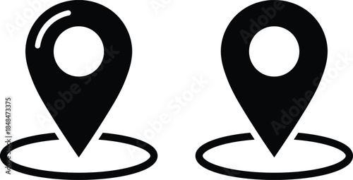 Two black map pin with circular bases on a white background location marker navigation GPS symbol