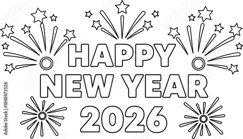 Happy new year 2026 coloring page with fireworks outline