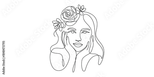 Minimalist one line drawing of woman with flowers in hair