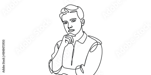 Continuous line drawing of a pensive young man thinking