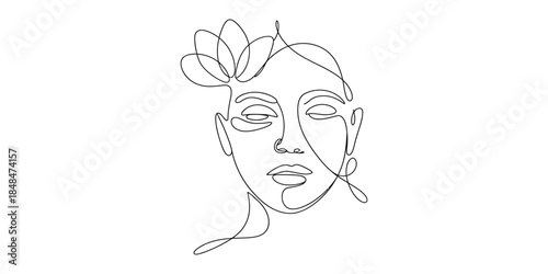 Minimalist continuous line art portrait of woman with flower